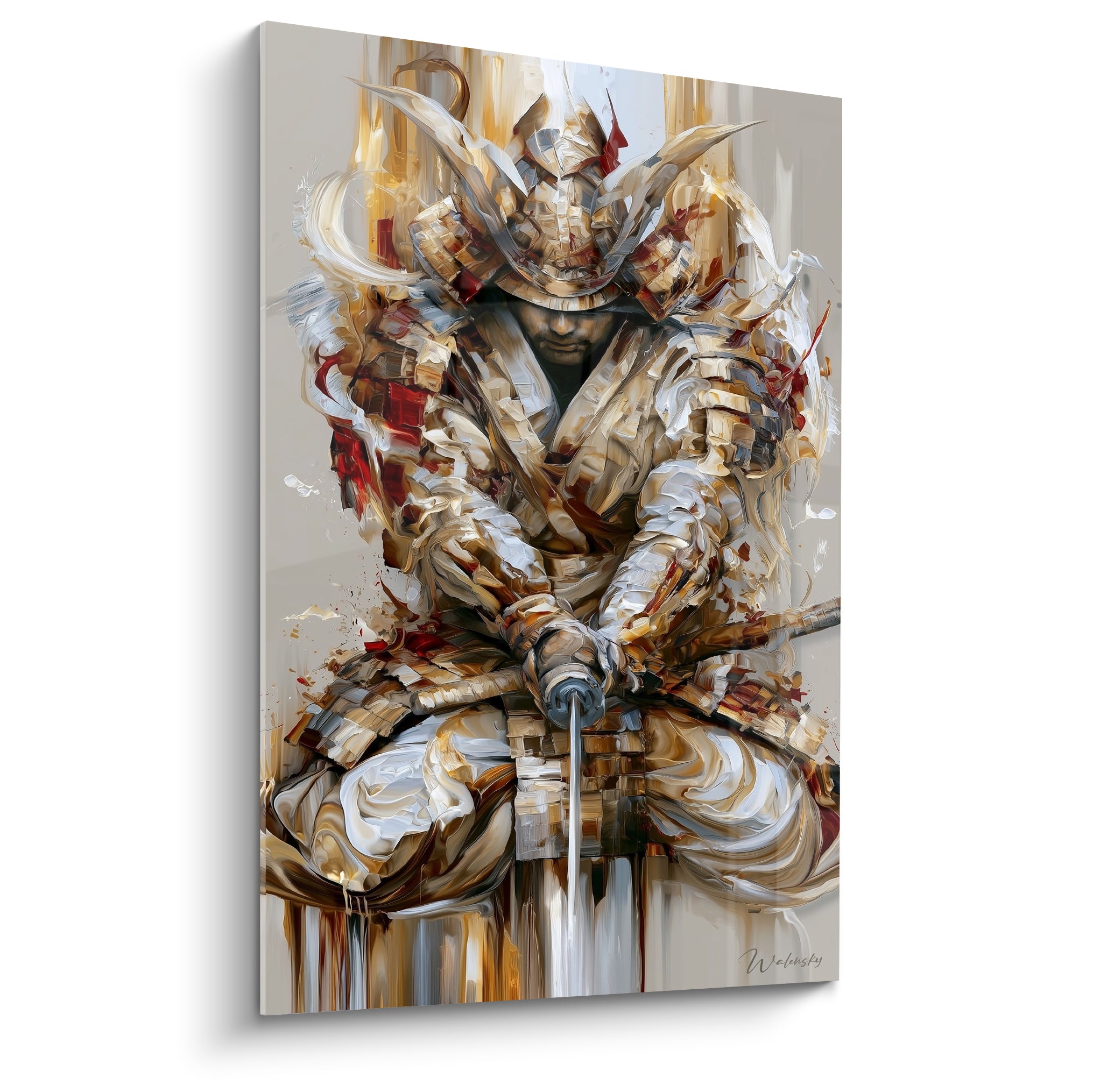 Samouraï casqué en armure dorée et blanche tenant fermement son katana à deux mains