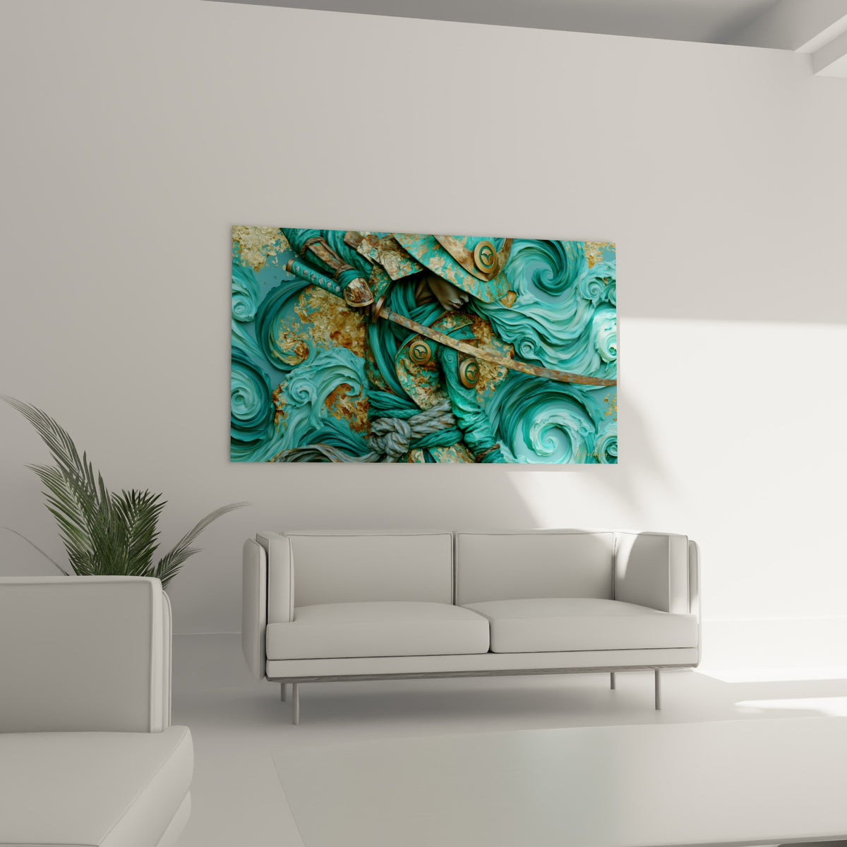 Casque de samouraï orné d'emblèmes dorés sur fond de vagues turquoise, placé au-dessus d'un canapé dans un salon lumineux