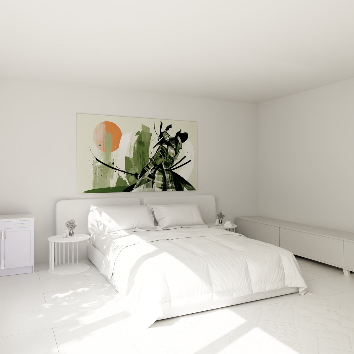 Guerrier japonais vert olive et anthracite peint au-dessus d'un lit dans une chambre claire
