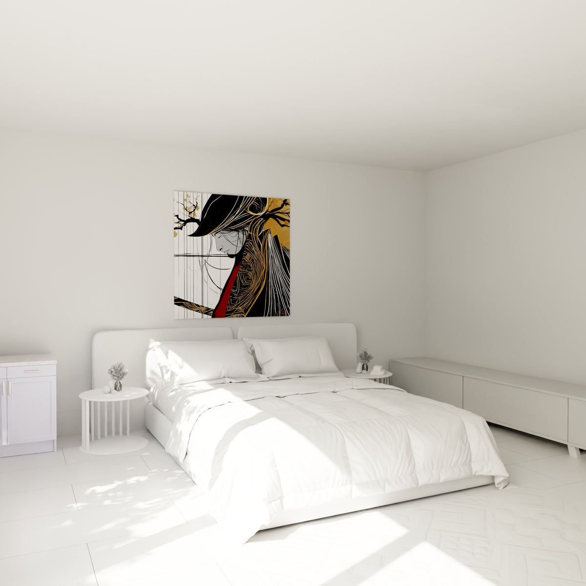Samouraï en profil doré et rouge, casque sombre, au-dessus d'un lit dans une chambre claire