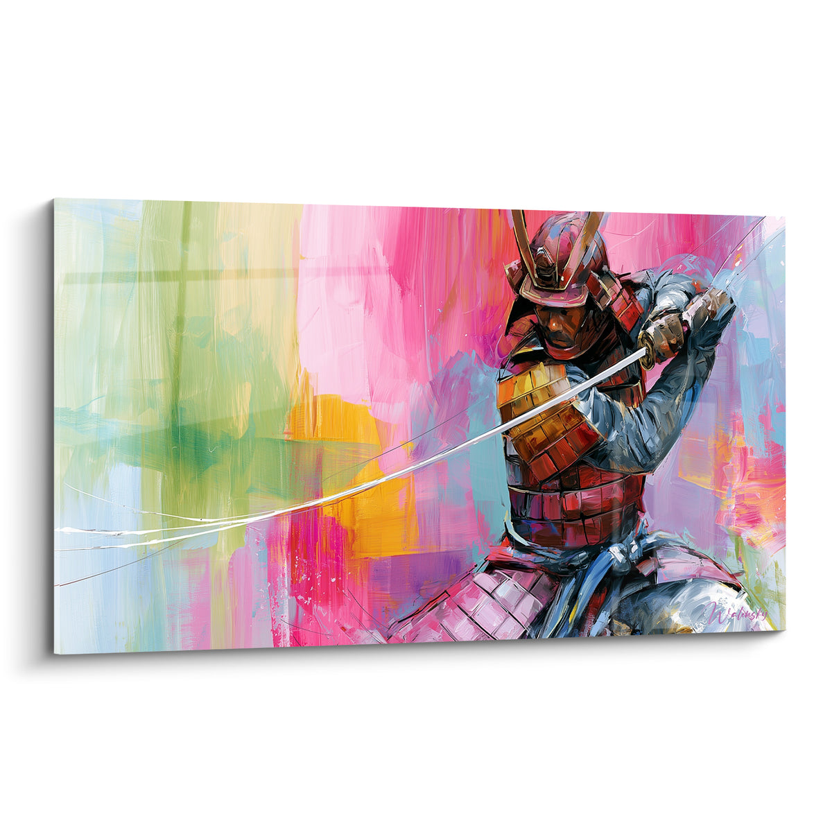 Samouraï en armure rouge terracotta dégainant son sabre sur fond rose et bleu pastel abstrait