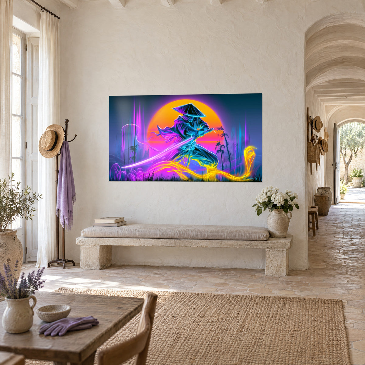Wall art of a luminous katana slicing through the air, glacier-blue silhouette and orange halo, hung on the wall of a vaulted hallway in the Provençal farmhouse