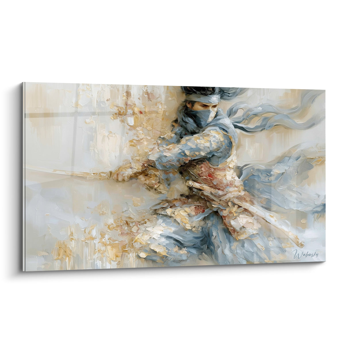 Samouraï bleu poudré et doré dégainant son sabre, empâtements texturés sur fond beige clair