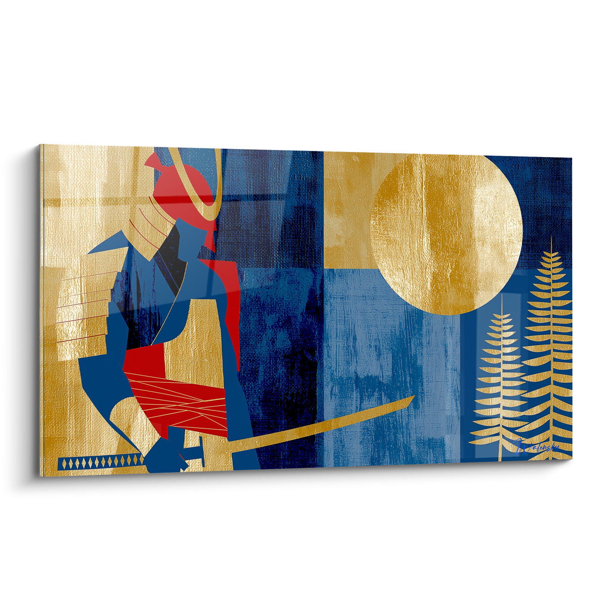 Samouraï en armure rouge et bleu marine dégainant son sabre sous une lune dorée