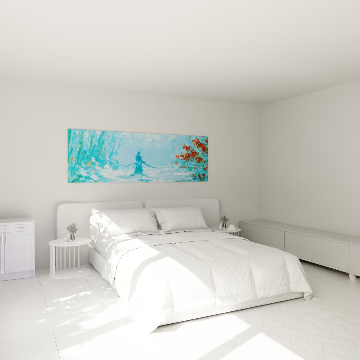Guerrier samouraï turquoise et corail peint au couteau, accroché au-dessus d'un lit dans une chambre claire