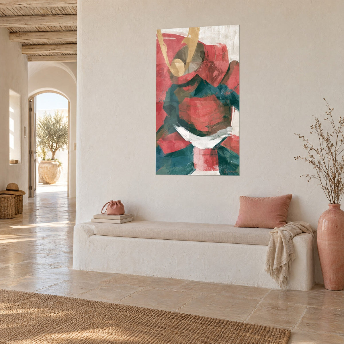 Wall art abstract armor in coral red and duck green on a cream background, bold brushstrokes, white bench and pale pink vase in three-quarter view