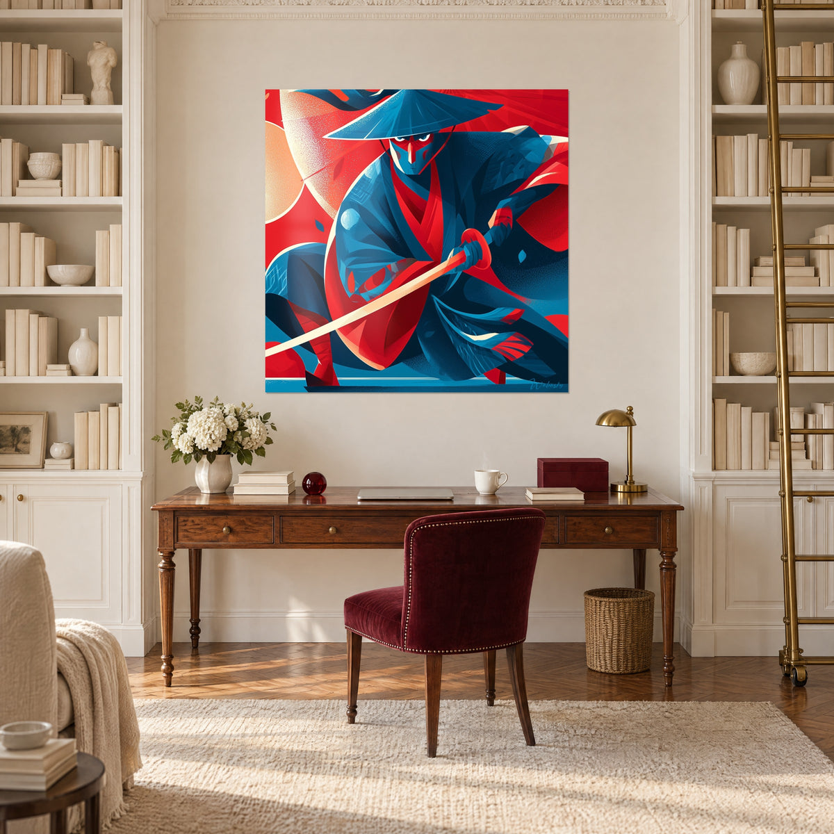 Tableau lame dégainée par un samouraï stylisé, aplats rouge et bleu pétrole, regard perçant, au-dessus d'un bureau en bois
