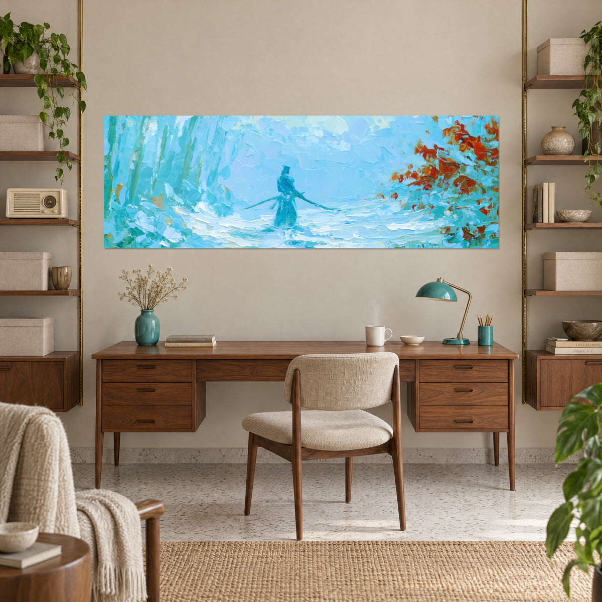 Tableau forêt de givre azur et vert d'eau, silhouette armée d'un sabre au centre, étagères en bois et bureau vintage