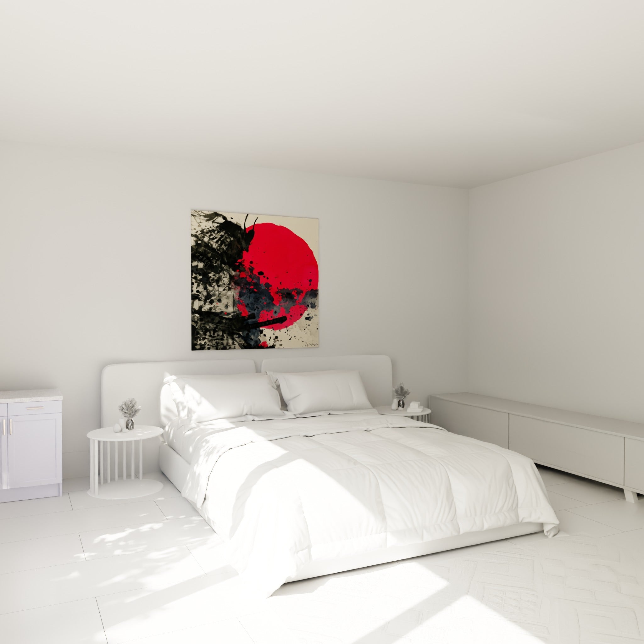 Éclaboussures rouges et noires du tableau Samouraï accrochées au-dessus d'un lit dans une chambre claire