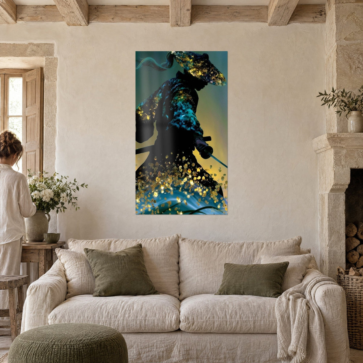 Wall art samurai in black silhouette, gold sparks and teal coat, sword in hand, above a sofa in a bright living room