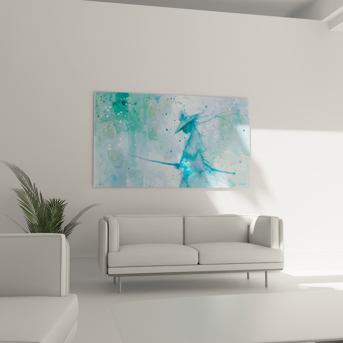 Silhouette de samouraï anthracite et bleu marine, chapeau conique, au-dessus d'un canapé dans un salon lumineux