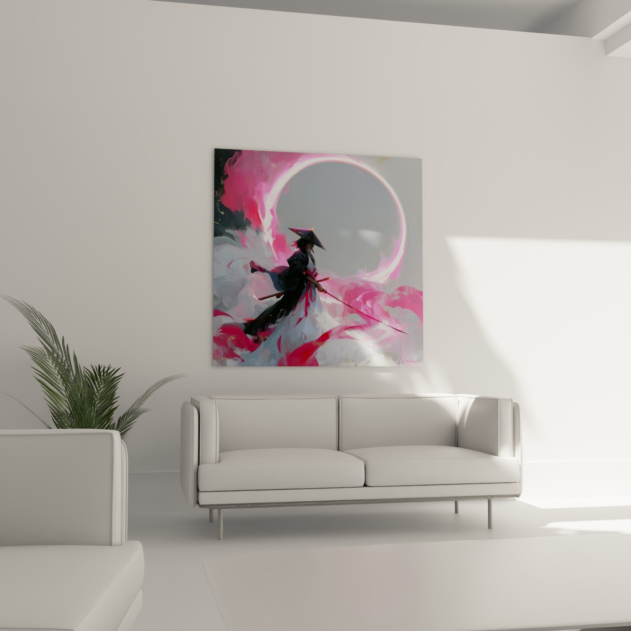 Combattant japonais au chapeau conique et sabre tendu dans un halo rose, au-dessus d'un canapé dans un salon lumineux