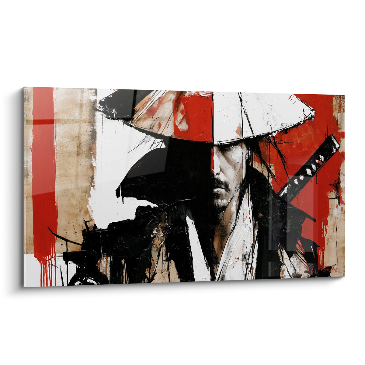 Samouraï au chapeau conique blanc et rouge, regard perçant, peinture texturée noire et écarlate