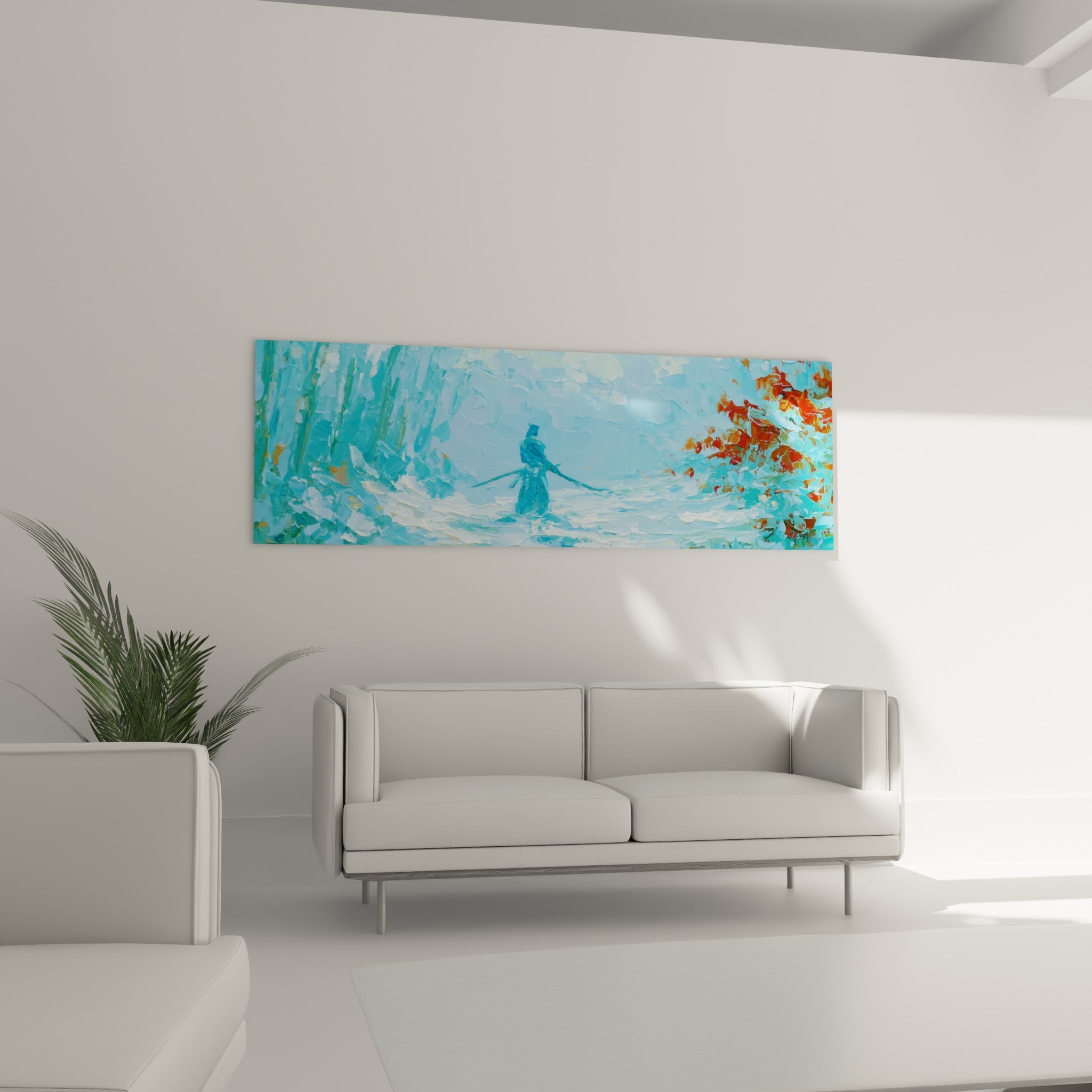 Silhouette de samouraï bleu pastel dans une clairière enneigée, au-dessus d'un canapé dans un salon lumineux