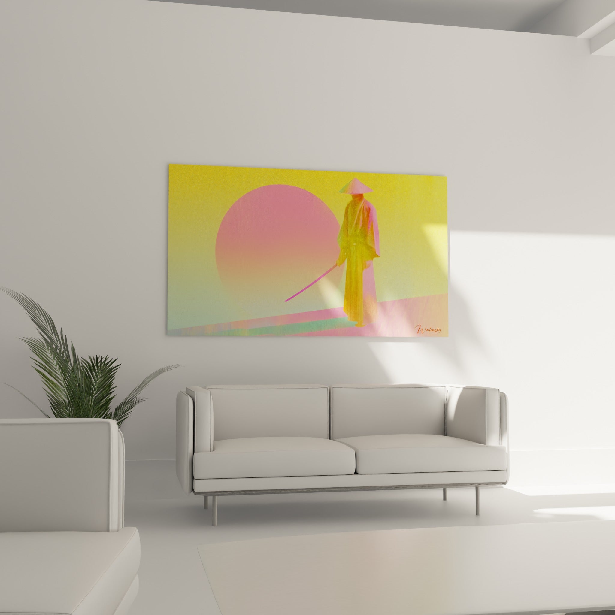 Silhouette de samouraï face à un disque rose sur fond jaune, au-dessus d'un canapé dans un salon lumineux