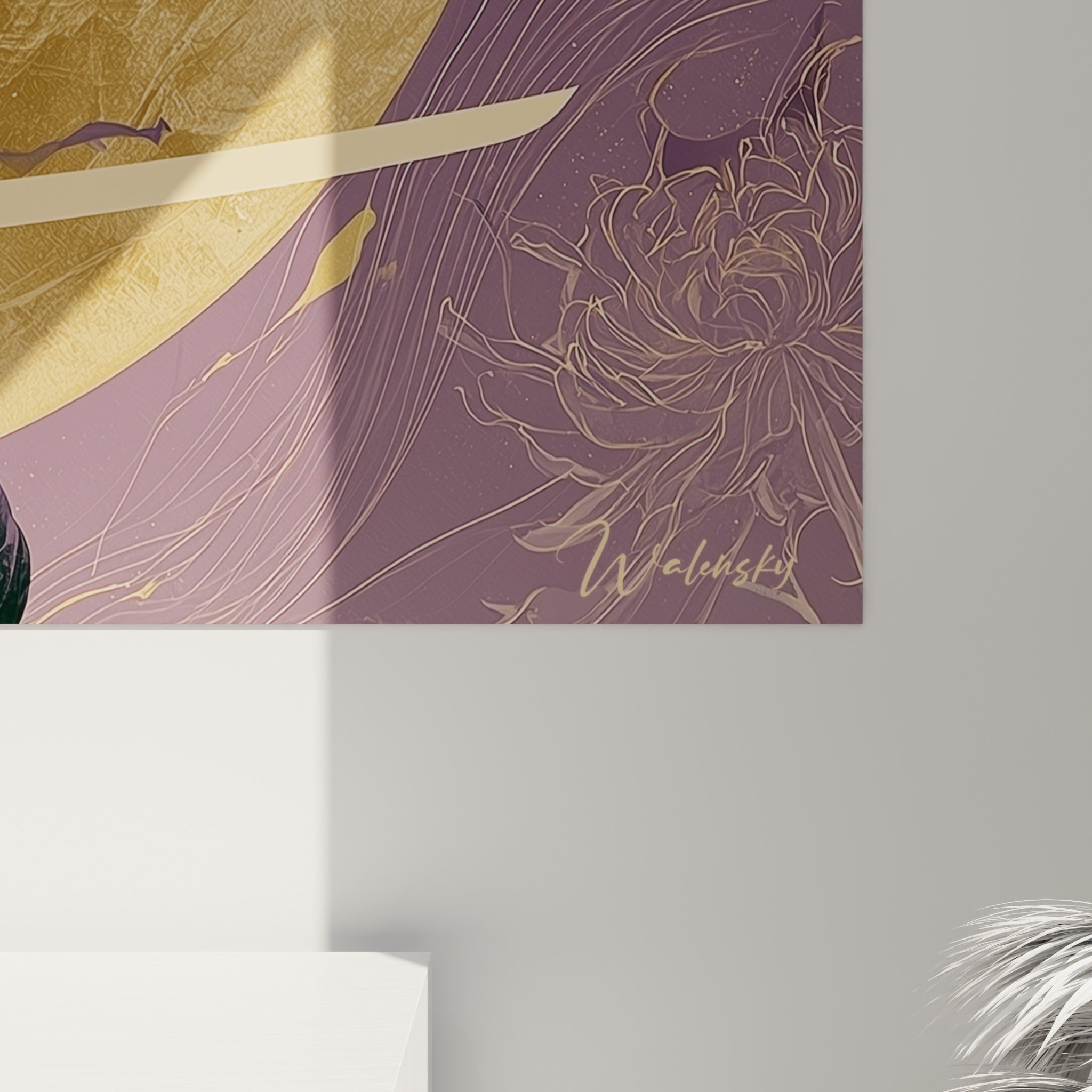 Détail du tableau Samouraï montrant les empâtements dorés et les nuances violettes de la lune