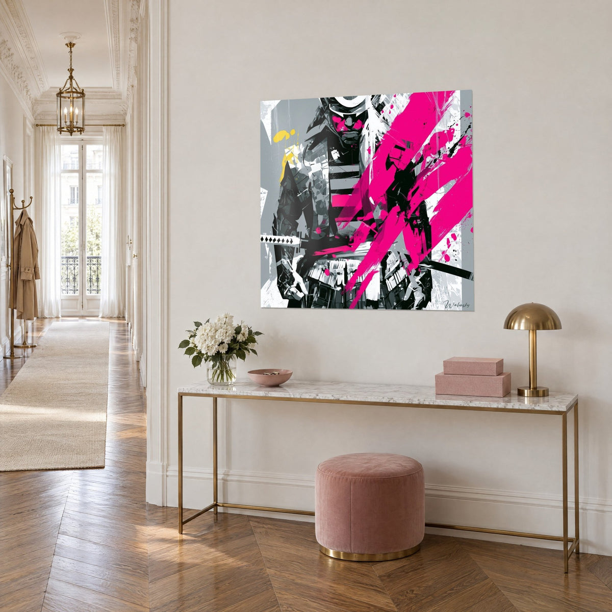 Wall art armoured warrior with a white helmet, broad fuchsia streaks on a pearl grey background, on the beige wall of a Haussmann-style entrance hall