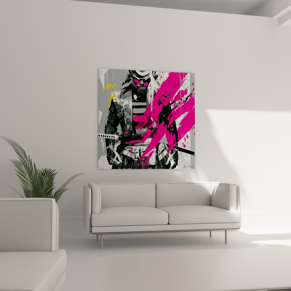 Silhouette du Samouraï en armure anthracite fendue de rose vif, au-dessus d'un canapé dans un salon lumineux