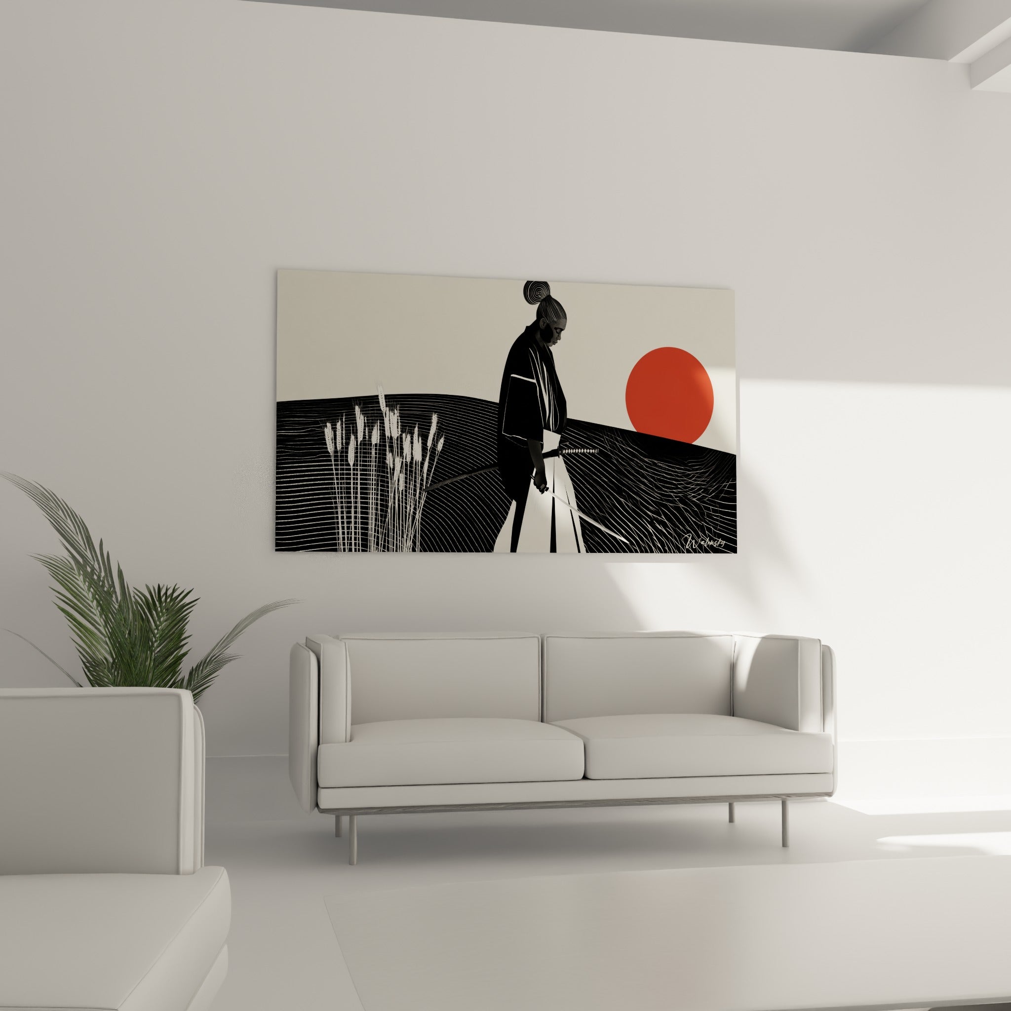 Silhouette du Samouraï, katana argenté et disque rouge, disposée au-dessus d'un canapé dans un salon lumineux.