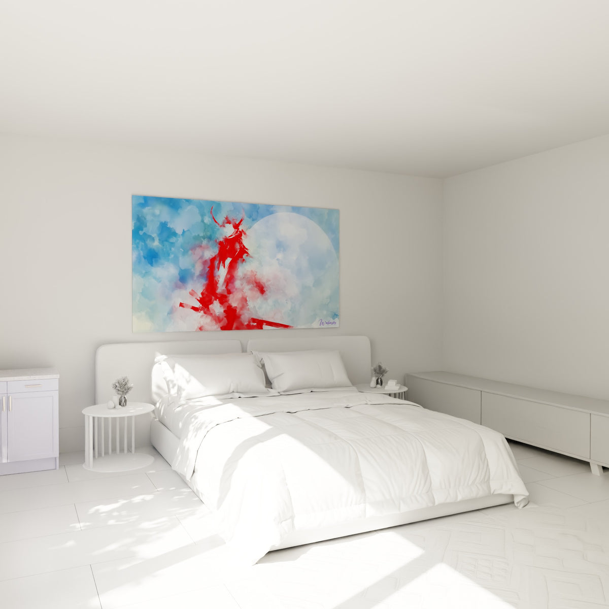 Guerrier rouge sabre en main devant une lune bleue, accroché au-dessus d'un lit dans une chambre claire
