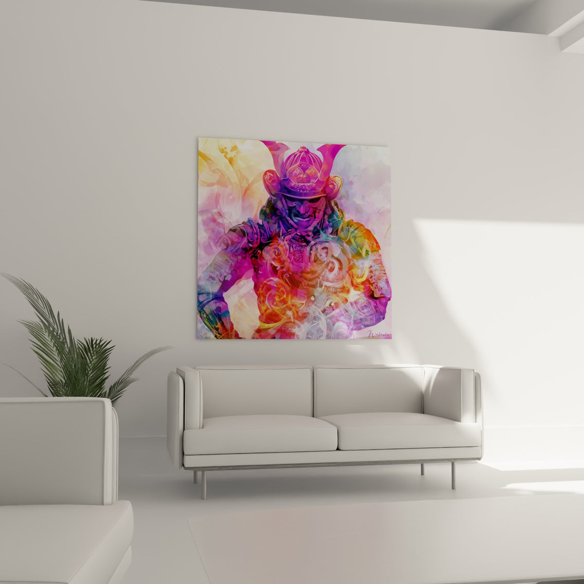 Silhouette du samouraï fuchsia et bleu pastel, casque à cornes dorées, au-dessus d'un canapé dans un salon lumineux
