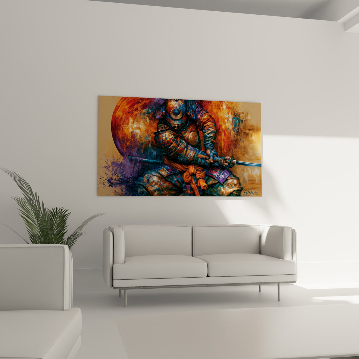 Armure ciselée bleue et orange d'un samouraï agenouillé, main sur la garde, au-dessus d'un canapé dans un salon lumineux