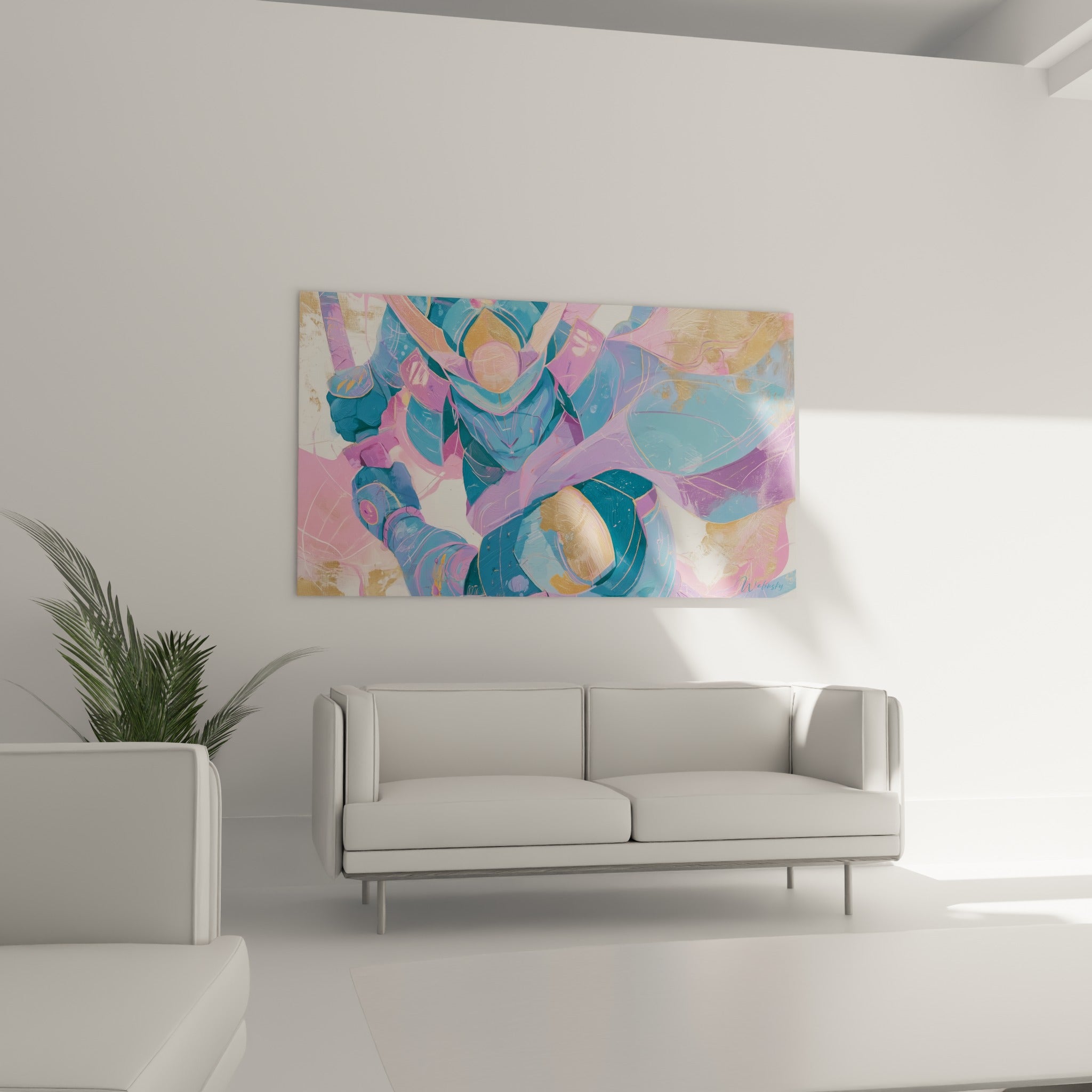 Samouraï en armure rose pâle et turquoise, geste martial saisi en mouvement, au-dessus d'un canapé dans un salon lumineux