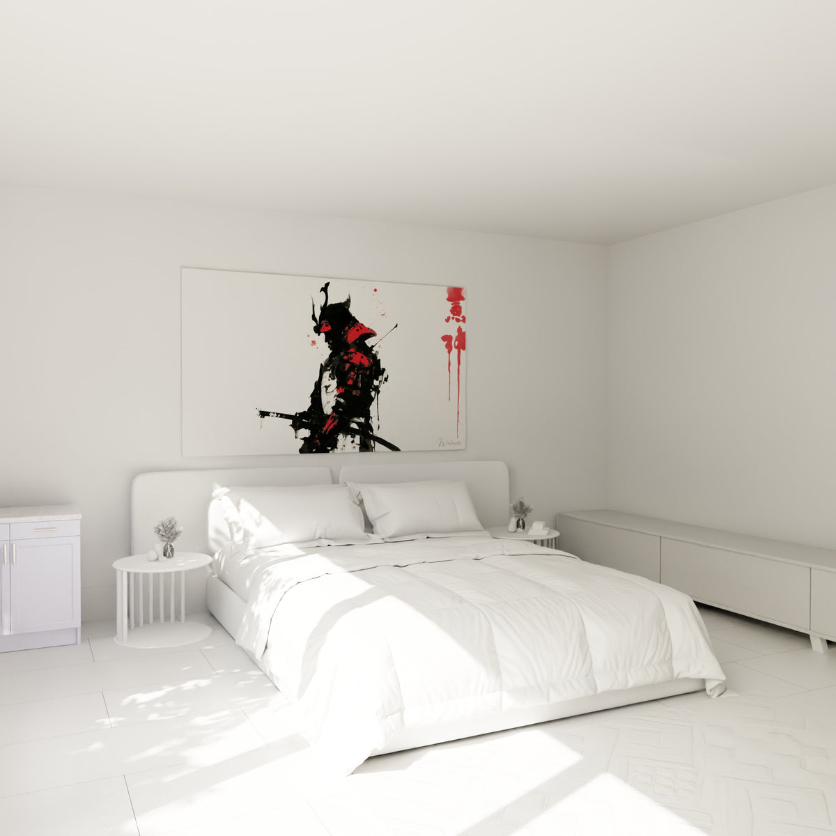 Guerrier Samouraï à l'armure anthracite et rouge écarlate, au-dessus d'un lit dans une chambre claire