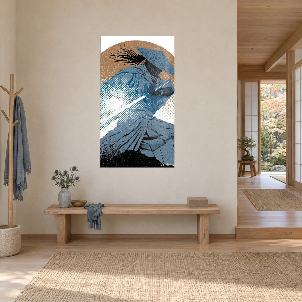 Wall art of a warrior with a gleaming sword, grey-blue kimono in half-tones and ochre arch, three-quarter view in a japandi entrance