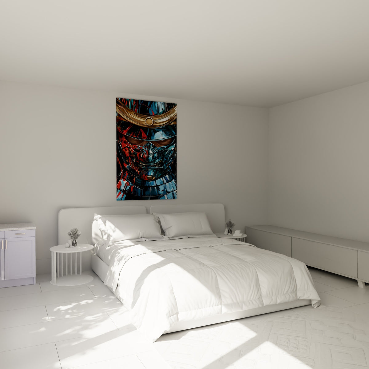 Guerrier samouraï en bleu anthracite et rouge sang accroché au-dessus d'un lit dans une chambre claire