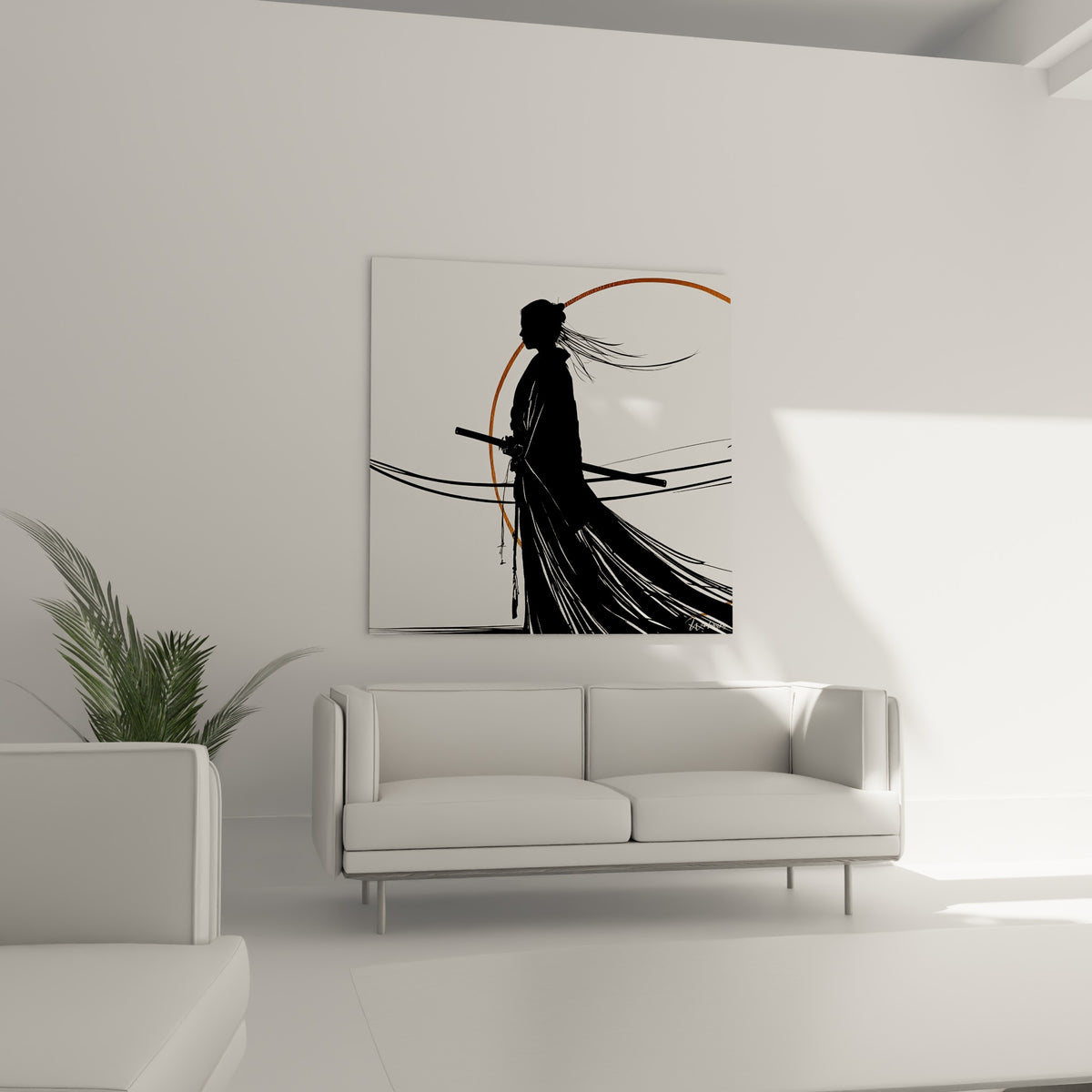Figure du Samouraï en noir profond entourée d'un cercle terracotta, au-dessus d'un canapé dans un salon lumineux