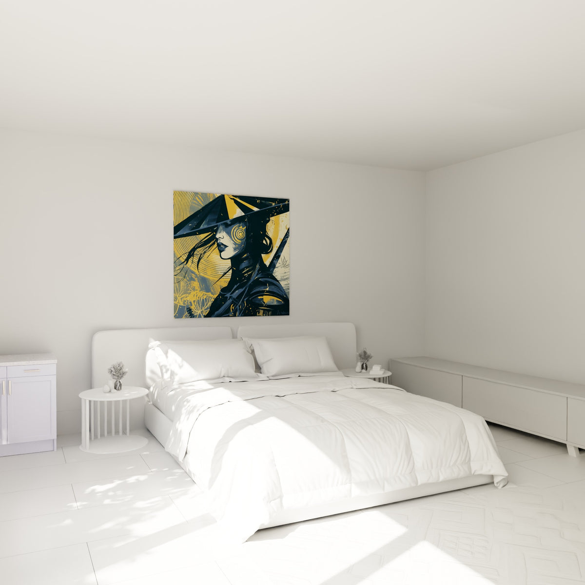 Guerrière samouraï en bleu marine et ocre, cheveux au vent, au-dessus d'un lit dans une chambre claire
