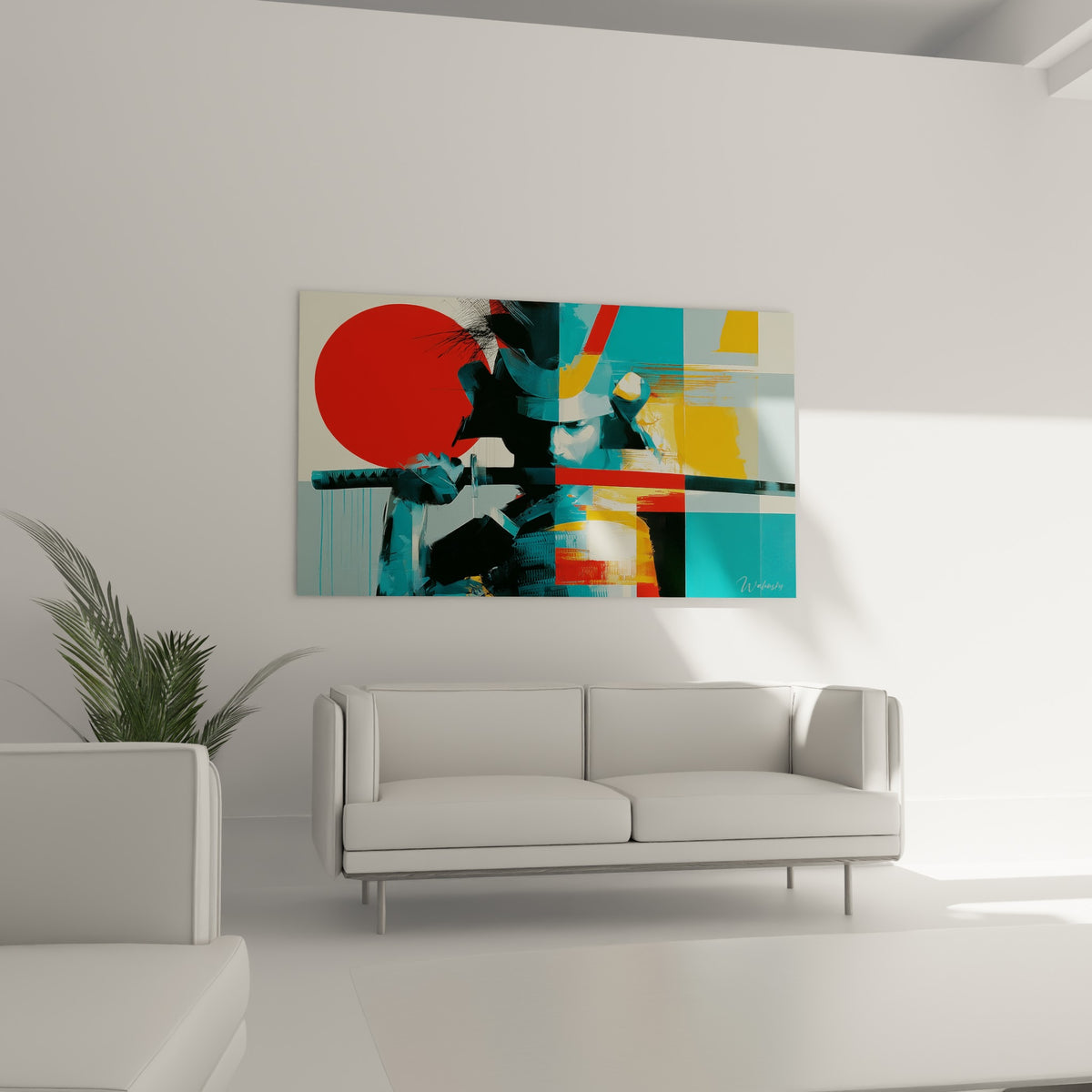 Guerrier samouraï anthracite et jaune moutarde, tableau placé au-dessus d'un canapé dans un salon lumineux
