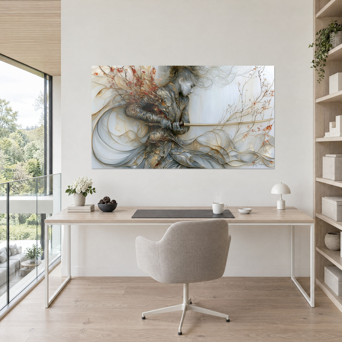 Tableau katana doré brandi par une silhouette argentée, cheveux ivoire au vent, fleurs rouille, au mur d'un bureau