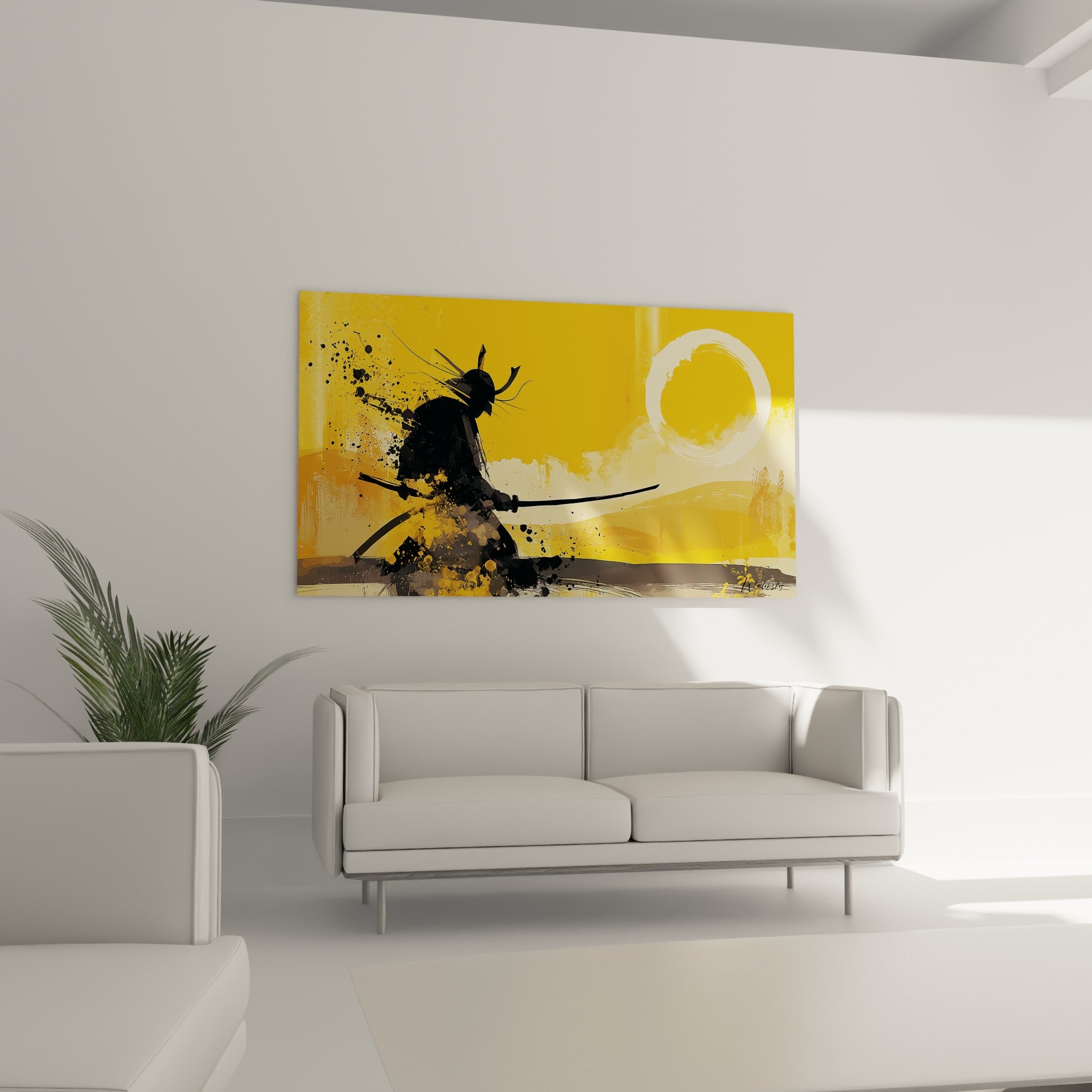 Silhouette de samouraï anthracite et sabre tranchant, positionnée au-dessus d'un canapé dans un salon lumineux