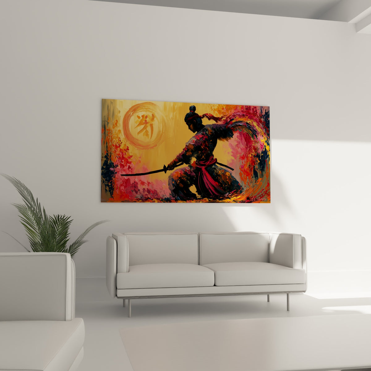 Katana tenu fermement par le samouraï, éclats magenta et ocre, au-dessus d'un canapé dans un salon lumineux