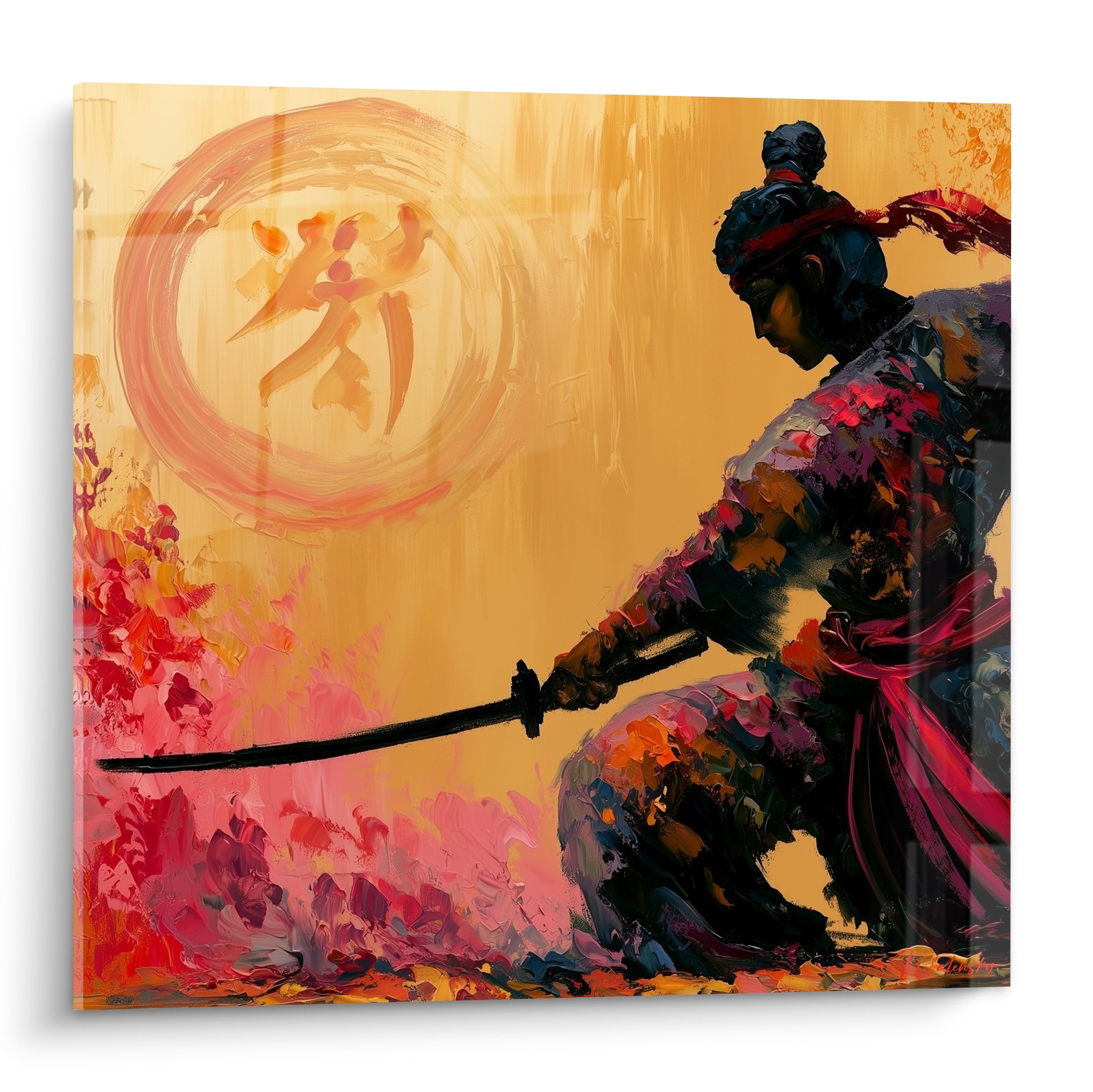 Samouraï agenouillé au katana noir, peinture texturée ocre doré et pourpre intense