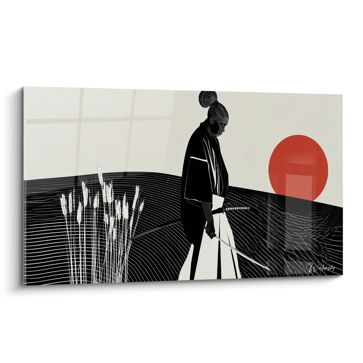 Samouraï noir au katana devant un soleil rouge, tableau graphique sur fond crème.