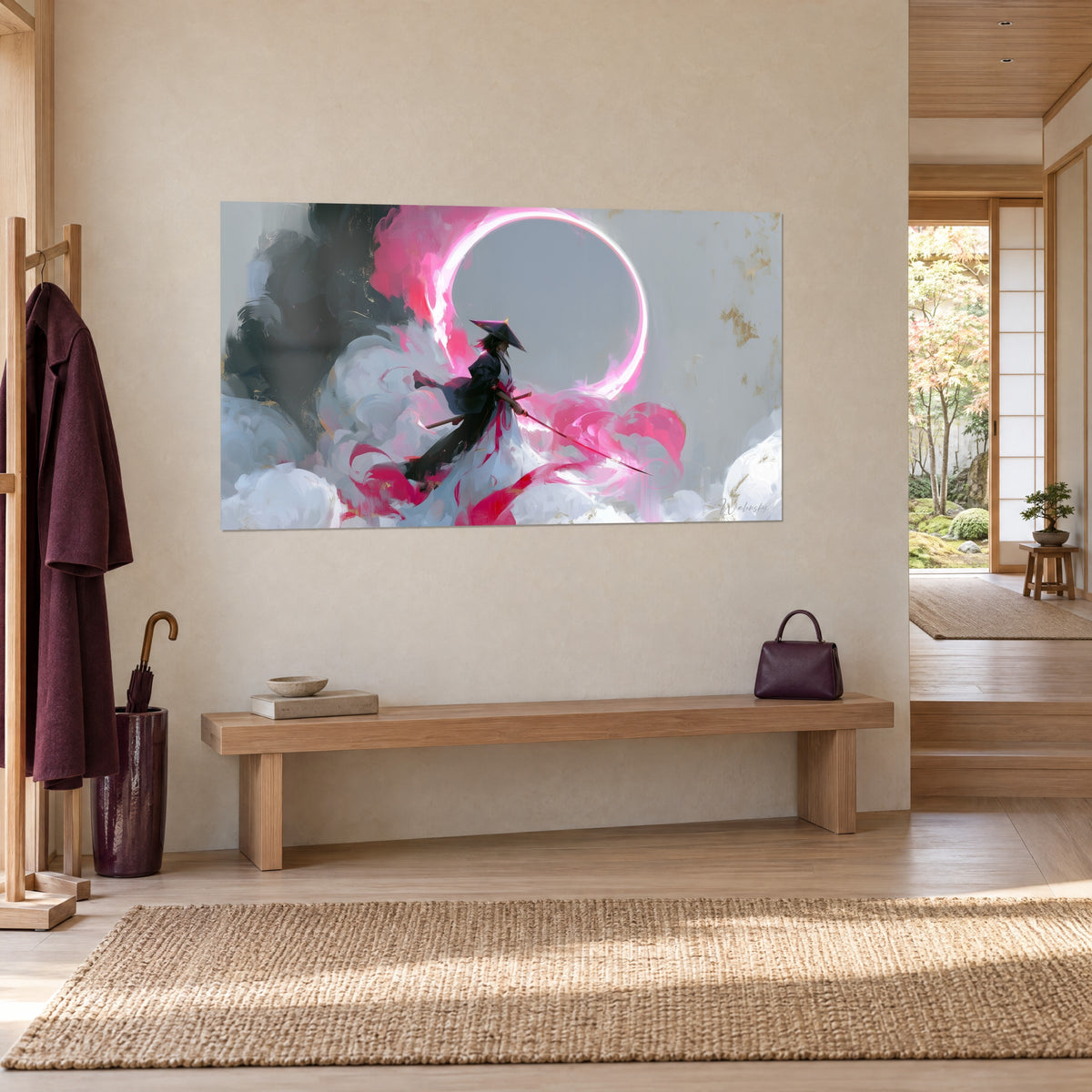 Cuadro de un samurái con la espada en la mano bajo un anillo rosa brillante, volutas blancas y negras, en una entrada japandi de madera clara