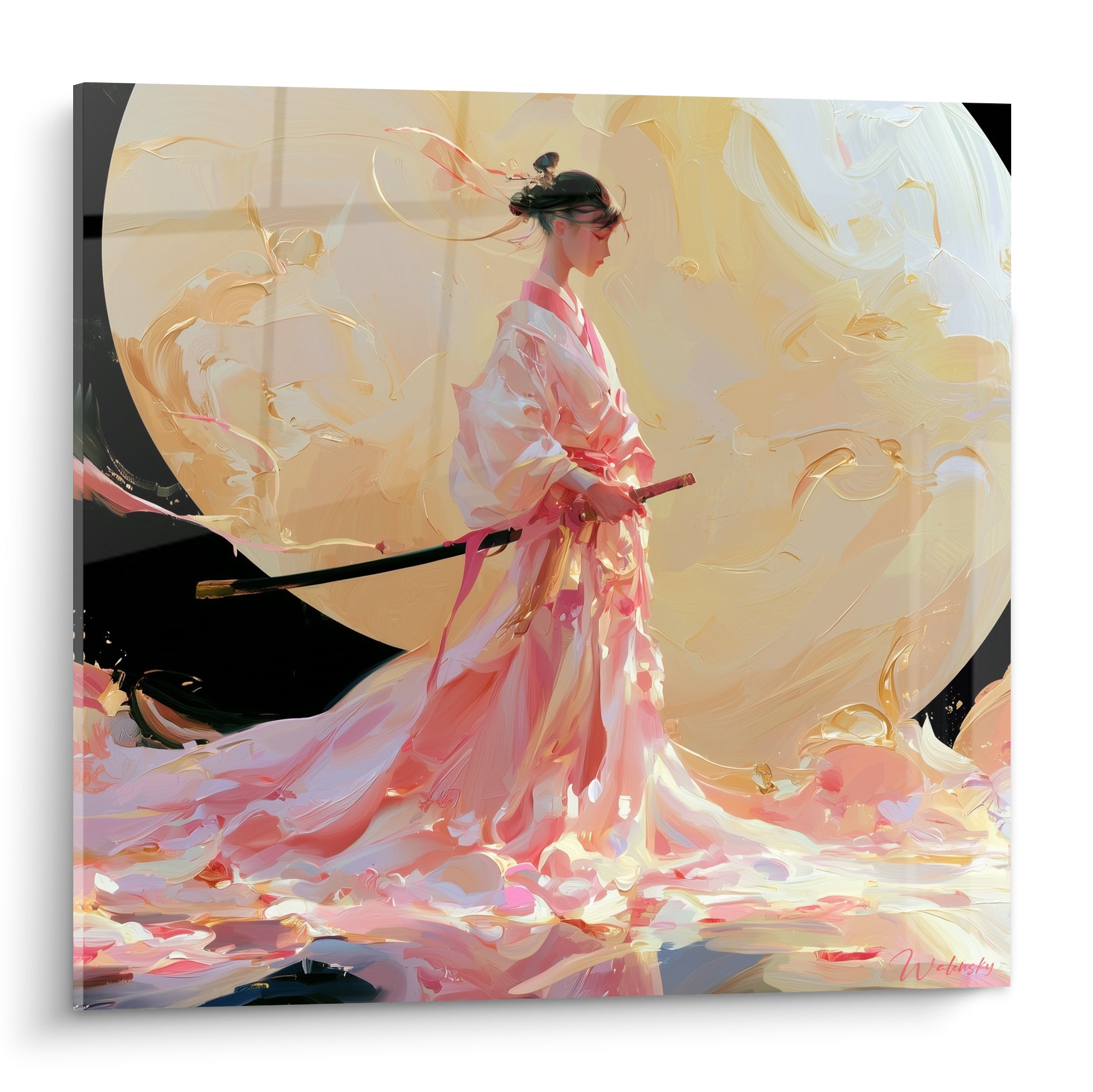 Guerrière Samouraï en kimono rose devant une lune dorée, sabre à la ceinture, style aquarelle