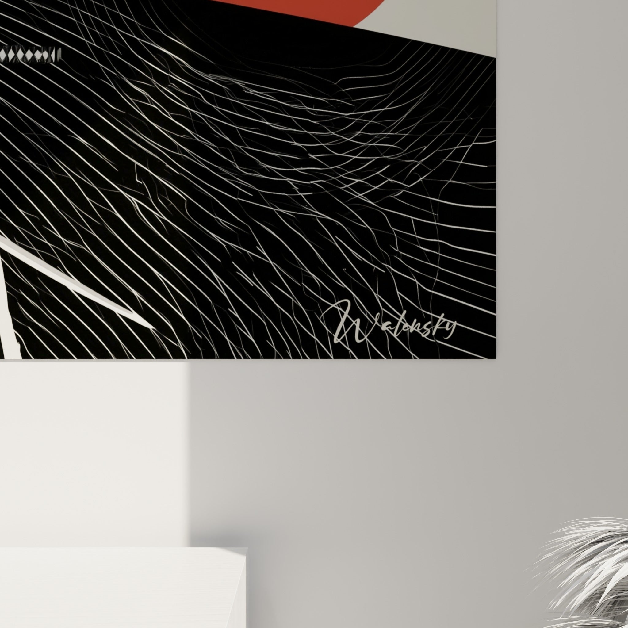 Détail des lignes courbes blanches et du rouge intense du soleil sur ce tableau Samouraï accroché.