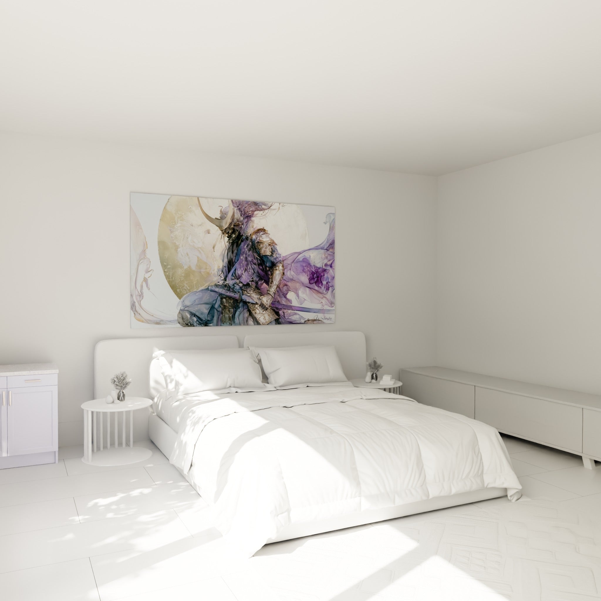 Guerrier samouraï casqué aux teintes bleu marine et violet au-dessus d'un lit dans une chambre claire