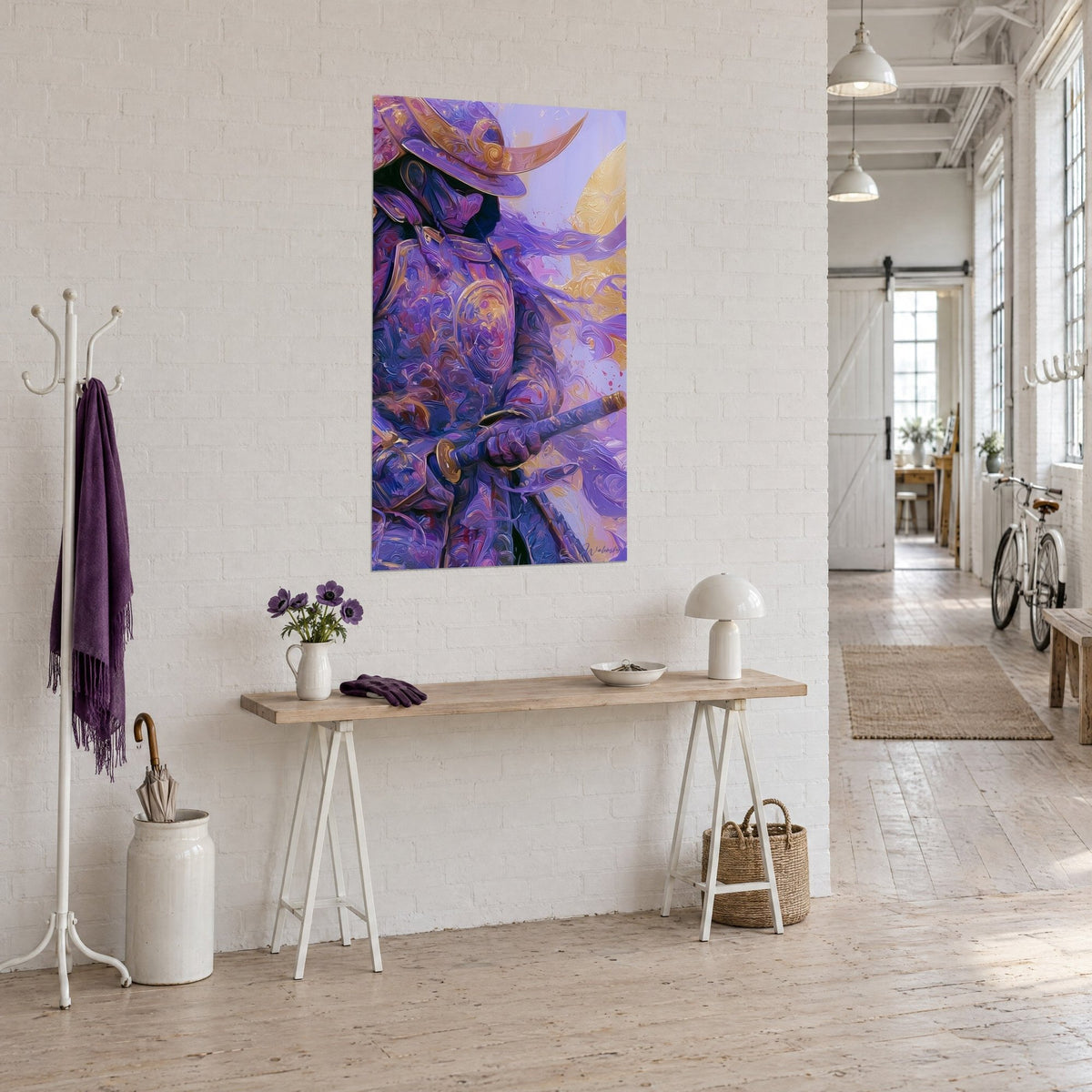 Wall art armored warrior with purple and gold swirls, sword gripped firmly at the hilt, hung on a white wall beside a wooden console