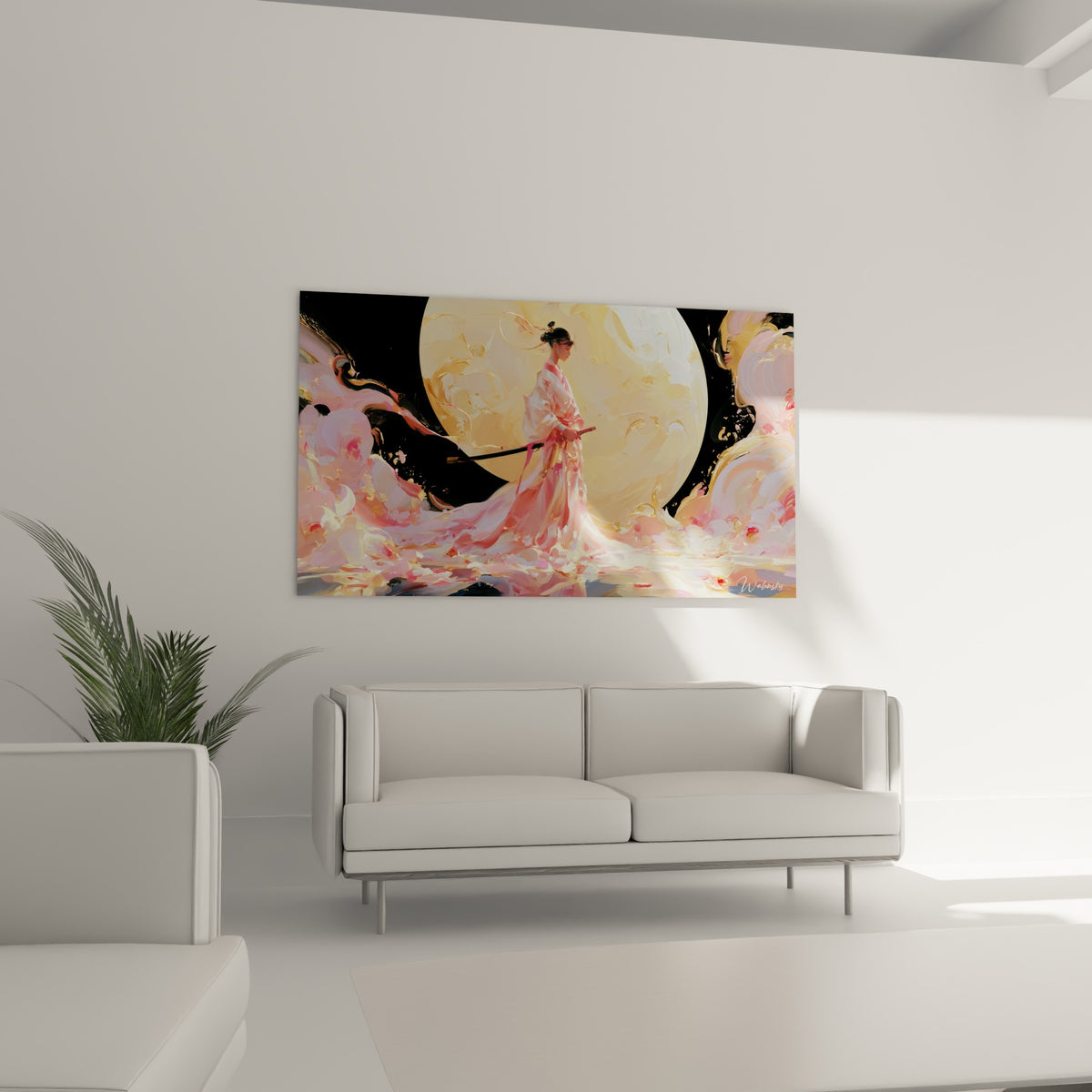 Figure de Samouraï en robe rose pastel devant la lune dorée, au-dessus d'un canapé dans un salon lumineux