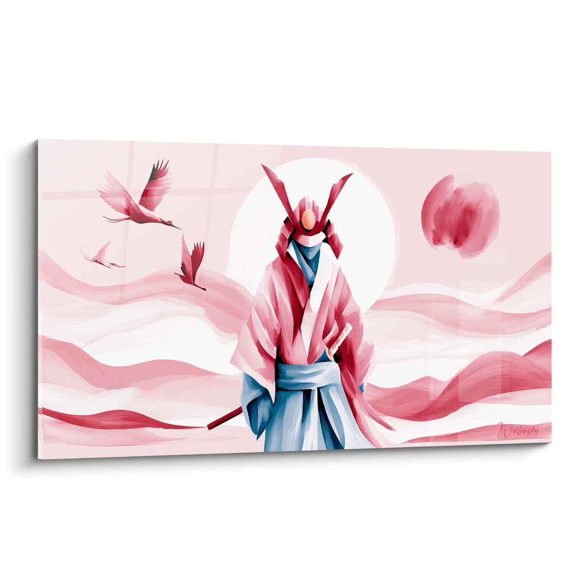 Samouraï de dos casqué en rose corail et bleu ardoise devant une lune blanche entourée de grues