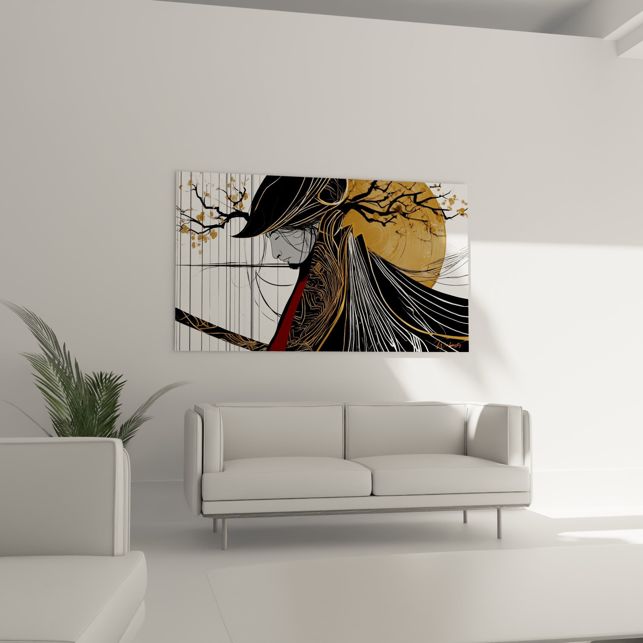 Silhouette de Samouraï en noir et rouge vermillon, positionnée au-dessus d'un canapé dans un salon lumineux