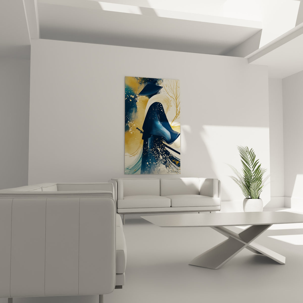 Silhouette du Samouraï enveloppée d'un manteau sombre et de pétales dorés, au-dessus d'un canapé dans un salon lumineux