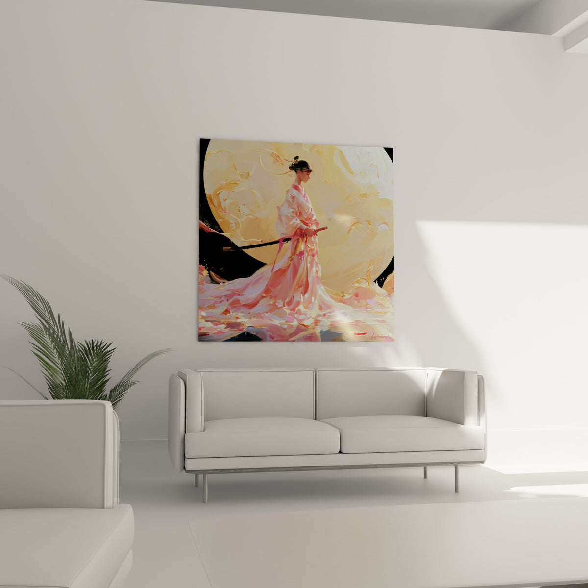 Kimono rose et fond doré du tableau Samouraï, posture sereine, au-dessus d'un canapé dans un salon lumineux