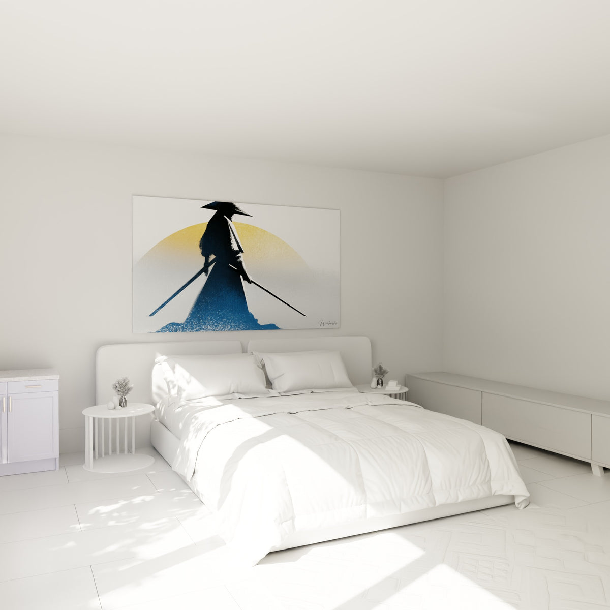 Guerrier en silhouette bleu marine et doré, sabres en diagonale, au-dessus d'un lit dans une chambre claire