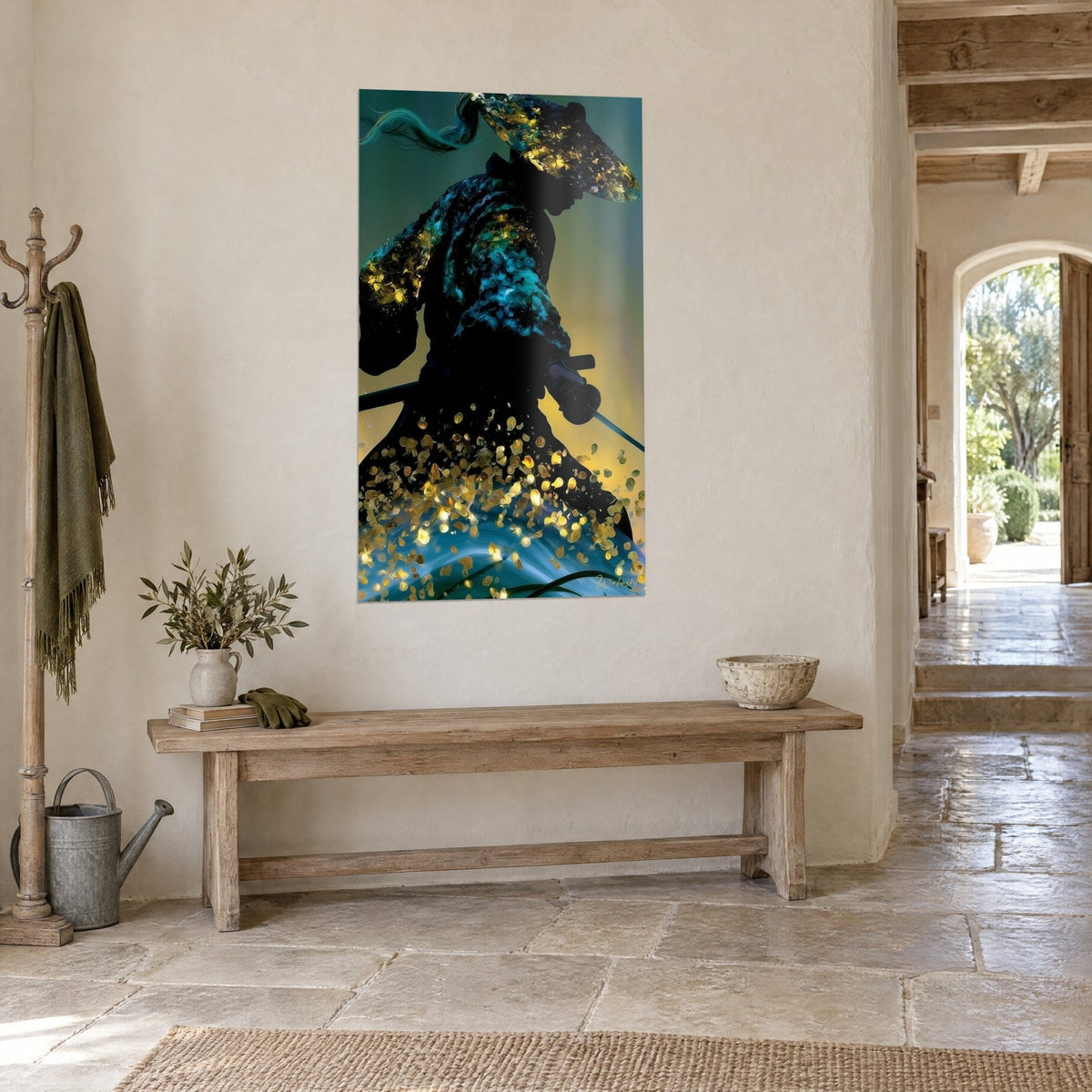 Wall art warrior with a golden conical hat, long turquoise lock of hair and ochre yellow background, three-quarter view in a stone-walled hallway